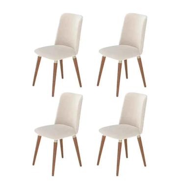 Imagem de Kit de 4 Cadeiras de Madeira Maciça Estofada Dakota - Natural c/ Linho Off White - Champanhe