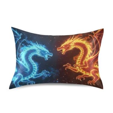 Imagem de Fronhas de cetim azul vermelho dragão desenho animado bonito padrão king queen fronha personalizada decoração queen tamanho 76.2 cm x 50.8 cm