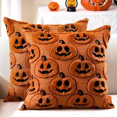 Imagem de DFXSZ Capas de almofada de Halloween 45,7 x 45,7 cm Conjunto de 2 fronhas pretas enferrujadas abóboras de Halloween de pelúcia macia de lã sintética para sofá de poltrona, sala de estar, decoração de