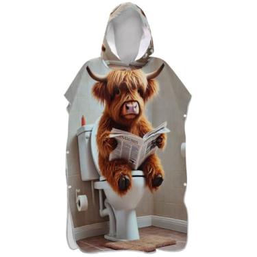 Imagem de Joisal Poncho de surfe trocador de roupão adulto toalha de banho com capuz de secagem rápida ponchos de praia para homens engraçado vaca highland fofo bezerro