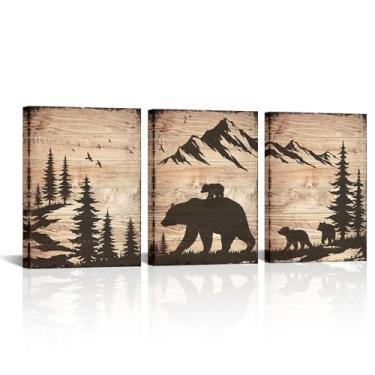 Imagem de DuoBaorom Impressão em tela de silhueta de família de urso preto 3 peças arte de parede marrom madeira montanha decoração de quarto