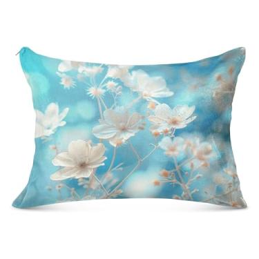Imagem de Capa de travesseiro de flanela grande azul flores brancas com zíper longo padrão queen size fronhas para cama de casa fronha, tamanho do corpo, 53 cm x 137 cm