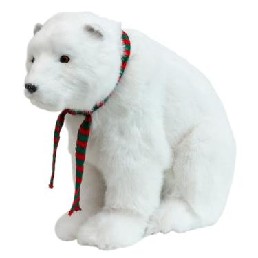 Imagem de Supagoo Urso polar branco de pele sintética de 32,5 cm decorações de Natal com cachecol, decorações de Natal do país das maravilhas do inverno presentes para estatueta de Natal decoração de casa