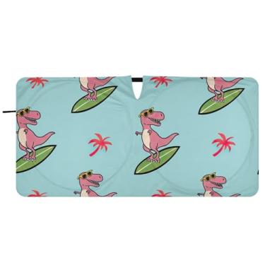 Imagem de Guarda-sol azul para carro T Rex desenho animado para para-brisa bonito dobrável caminhão carro janela persianas guarda-chuva para-brisa frontal, 81,3 cm x 157,5 cm