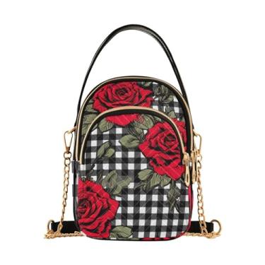 Imagem de Margaridas rosa em bolsas transversais pequenas verdes para mulheres na moda, bolsa tiracolo feminina, bolsas transversais para mulheres, Rosas vermelhas no tabuleiro xadrez preto e branco 1, One Size