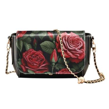 Imagem de Bolsa tiracolo feminina Cupcakes on White com alça de corrente, bolsas de couro transversais para mulheres, Rosas florais e folhas verdes-1, One Size