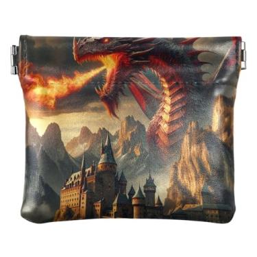Imagem de Bolsa feminina de couro com tinta vermelha dragão preto e porta-cartões, Castelo de dragão mítico, One Size