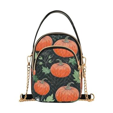 Imagem de Bolsa tiracolo feminina xadrez preta e bege, bolsa tiracolo moderna bolsa de ombro transversal, Abóboras e folhas no outono-4, One Size