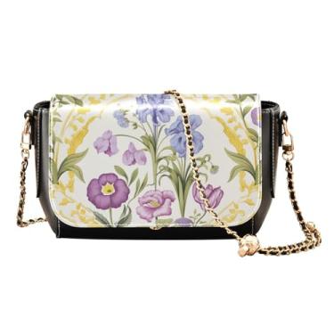 Imagem de Bolsa tiracolo feminina roxa e amarela floral em couro branco, bolsa feminina de couro, bolsa de ombro para mulheres, Floral roxo e amarelo em branco-1, One Size