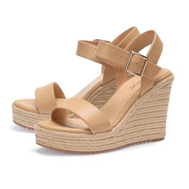 Imagem de Sandálias femininas de verão plataforma sandálias anabela tira no tornozelo sandálias de bico aberto salto alto, Caqui, 10