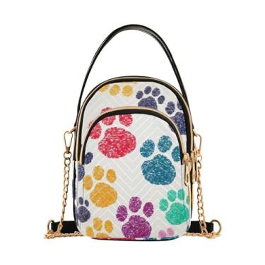 Imagem de Bolsa tiracolo feminina com bolinhas de futebol com respingo de tinta, bolsa transversal pequena com corrente dourada, bolsa transversal de verão, Pegadas coloridas de pata de animal - 1, One Size