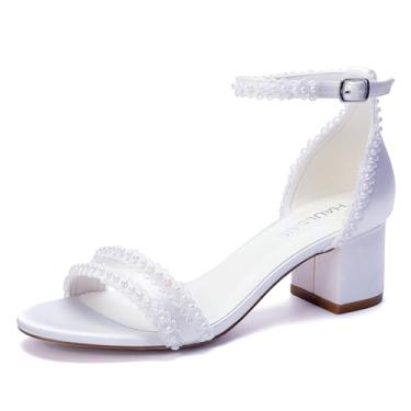 Imagem de HAULSAIL Sandálias femininas de casamento de salto bloco enfeitadas com pérolas, sapatos de casamento para noiva, salto branco para mulheres, sapatos de noiva, Branco, 40