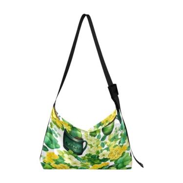 Imagem de GAIGEO Bolsa transversal grande de couro aquarela azul e folhagem dourada, bolsa tiracolo de couro sintético, bolsa de ombro de couro, Trevo trevo e garrafa - 4, One Size