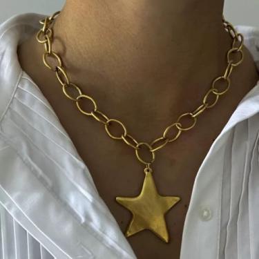 Imagem de Colar grosso dourado para mulheres, corrente de estrelas, joias modernas em camadas, presentes de amizade para mulheres, Medium, Latão, Sem Pedra Preciosa