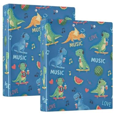 Imagem de Fichários de 3 anéis personalizados com desenho animado de dinossauros de 3 cm comporta 200 folhas, pastas, anel redondo, fichário de escritório, 31,5 x 27 x 6 cm, pacote com 2