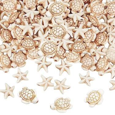 Imagem de Cerca de 120 peças de contas de estrela do mar e tartaruga marinha contas sintéticas turquesa berloques oceano animal espaçador contas estrela do mar e forma de tartaruga contas soltas de pedra para