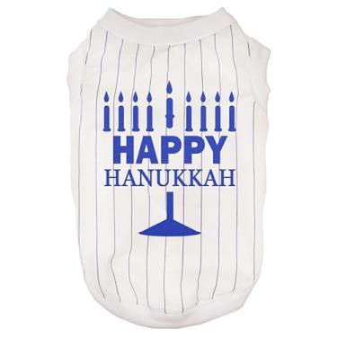 Imagem de Petitebella Camiseta canina Happy Hanukkah Candelabro (listras brancas/azuis, média)