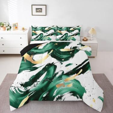 Imagem de Erosebridal Conjunto de edredom geométrico geométrico moderno turquesa abstrato, verde menta, dourado, elegante, geométrico, para mulheres, homens e adultos, pintura minimalista com tinta listrada