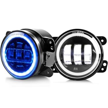 Imagem de MGLLIGHT Faróis de neblina LED de 10 cm com anel de halo âmbar/azul aprovado pelo DOT, substituições de para-choque dianteiro de LED de 60 W compatíveis com Wrangler JK JKU 2007-2018