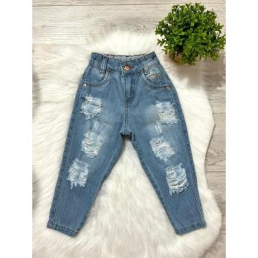 Imagem de Calça Jeans Infantil Mom Destroyed de menina lavagem clara com elástic