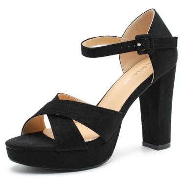 Imagem de Enelauge Sandálias femininas de salto alto grossas plataforma bico aberto tira no tornozelo salto bloco vestido noiva festa de casamento sapatos noite sapatos, Camurça preta, 39