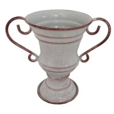 Imagem de Fenteer Vaso de flores vintage em formato de troféu, recipiente para plantas, presente decorativo, vaso de flores em ferro para mesa ou sala de estar, Branco