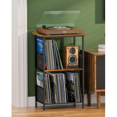 Imagem de Honkazita Suporte para toca-discos de vinil para 200 álbuns – mesa giratória de madeira maciça com área de trabalho estendida, armário com suporte de LP que economiza espaço para sala de estar, quarto