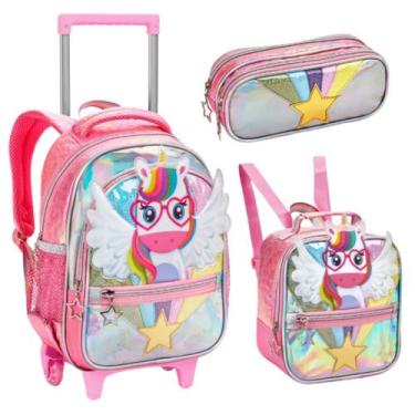 Imagem de Kit Escolar Unicornio, Mochila com Rodinhas, Estojo e Lancheira Termic