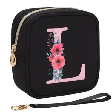 Imagem de Relavel Bolsa de maquiagem pequena inicial para bolsa, presentes personalizados para mulheres, meninas, bolsa de cosméticos de viagem com compartimento para cartão, mini bolsa de batom com alça