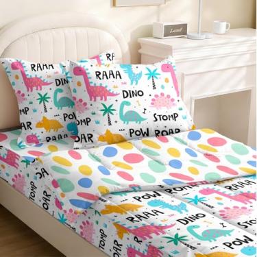 Imagem de Yadangxiawa Jogo de edredom infantil, solteiro com zíper, estampa de dinossauro, com manchas coloridas, lençol com elástico e fronhas para todas as estações (dinossauro-A)
