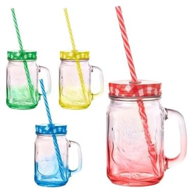 Imagem de 2 Copo Caneca Pote de Vidro Ice Cold Sortidos 450ml com Tampa e Canudo Ideal para Bebidas Geladas(1)