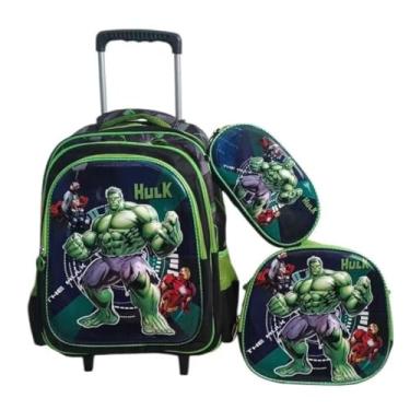 Imagem de Kit Mochila Carros Para Meninos em 3D Alto Relevo com Rodinhas Infantil + Lancheira Térmica + Estojo Escolar (Mochila Menino Hulk)