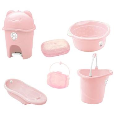 Imagem de Kit banho bebe adoleta banheira + saboneteira bacia e outros rosa - LE