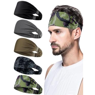 Imagem de AWUMBUK Bandanas esportivas masculinas, faixas de suor absorventes elásticas pacote com 5 faixas de cabelo para treino, corrida, ciclismo, fitness