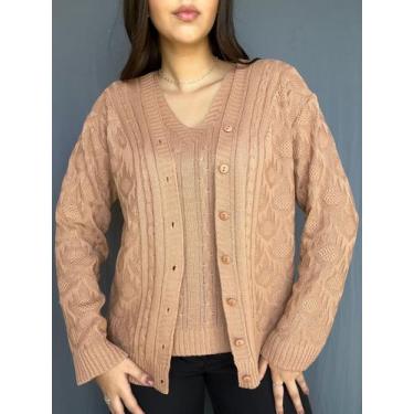 Imagem de Conjunto Feminino Casaco e Blusa Twinset Tricot Malha Inverno Decote e