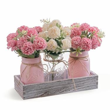 Imagem de 3 peças de flores artificiais de hortênsia em potes de pedreiro com bandeja de madeira para mesa de jantar, mesa de café, casa de fazenda, decoração de casa, decoração de primavera, perfeita para