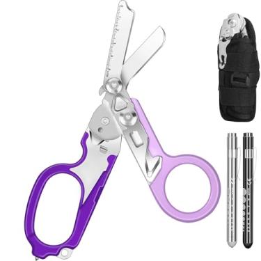Imagem de Tesouras multifuncionais de resposta de emergência 6 em 1, tesouras dobráveis de aço inoxidável para trauma com cortador de alça e disjuntor de vidro, tesouras médicas com coldre e penlight roxo