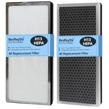 Imagem de BesReyDa Filtro de substituição 40 compatível com purificador de ar MA série 40, filtragem HEPA 13 verdadeira 3 em 1, pré-filtro fino e filtro F de carbono ativado, pacote com 2