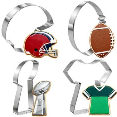Imagem de Conjunto de cortadores de biscoito com tema esportivo de futebol, 4 peças de aço inoxidável – capacete, jersey, bola oficial e cortadores de troféu de campeonato para cozimento de dia de jogo, festa