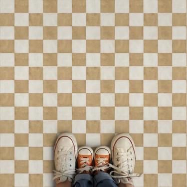 Imagem de Alwayspon 12 x 12 polegadas x 10 peças de azulejos de piso de vinil à prova d'água, antiderrapante, para banheiro, cozinha, quarto, locatário, decoração de chão, quadriculado, branco cáqui