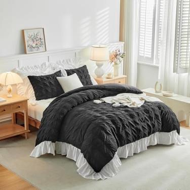 Imagem de Flysheep Conjunto de capa de edredom preto xadrez Seersucker com franjas largas e babados, jogo de cama de solteiro com 3 peças para todas as estações, conjunto de cama de casal com fronhas de babados