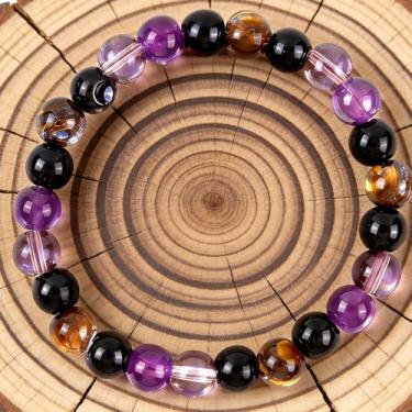 Imagem de 1 pulseira elástica com contas de olho de tigre, pulseira elástica de cristal de 8 mm feita à mão com contas delicadas, joias românticas, presentes para homens e mulheres (roxo e marrom)