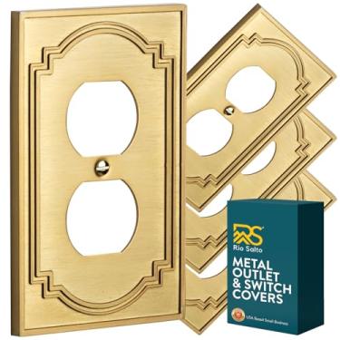 Imagem de Rio Salto Heritage Collection Single Gang Duplex – Capa de tomada de metal dourado de latão escovado, capas de interruptor de luz decorativas tamanho médio 12,7 x 8 cm, placa de parede premium