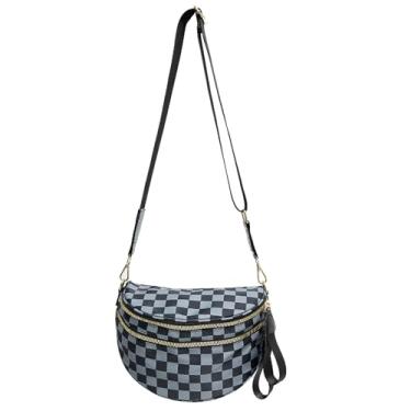 Imagem de TRMFUSA Bolsa transversal quadriculada feminina grande de nylon para cinto pochete com alça de ombro ajustável, Xadrez preto e cinza