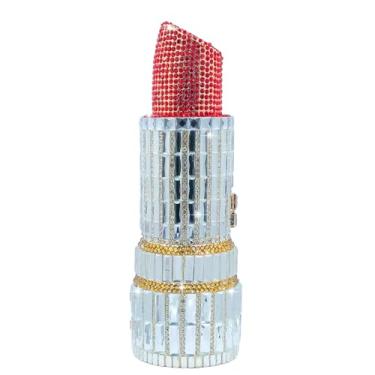 Imagem de Usuisy Novidade em forma de batom bolsa feminina de cristal clutch noite festa baile jantar strass clutch bolsas e bolsas, mini, Prata - g vermelho, Mini