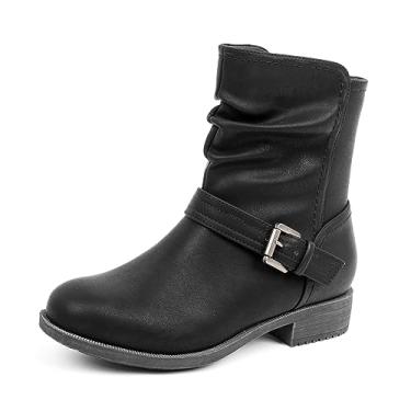 Imagem de VJH confort Botas Femininas De Cano Médio, Botinhas Confortáveis Com Fivela Larga E Zíper Lateral (Preto, 9,5)