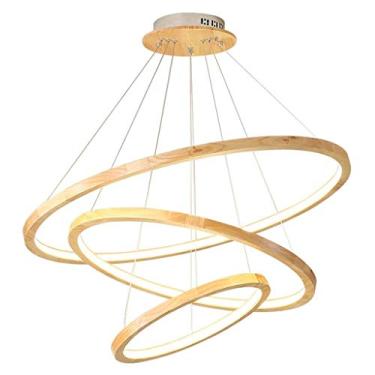 Imagem de Luminária pendente LED de design moderno, em madeira, para mesa de jantar, com cúpula de acrílico, altura ajustável, 108W, 3 anéis, Ø80cm, ideal para sala de estar, sala de jantar e quarto.