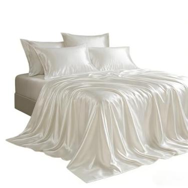 Imagem de Jogo de Cama Cetim Charmousse Sedoso - 4 Peças para Casal, Queen e King Size, Anti-Frizz para Descanso Confortável (BRANCO,CASAL)