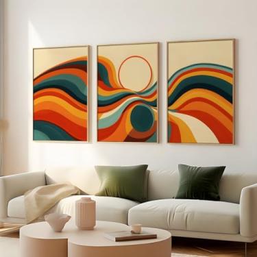 Imagem de 3 peças de impressão de arte de parede pôster abstrato ondas imagens abstratas vermelhos, amarelos e tons terrosos pintura de parede em tela para decoração de quarto de casa com moldura interna