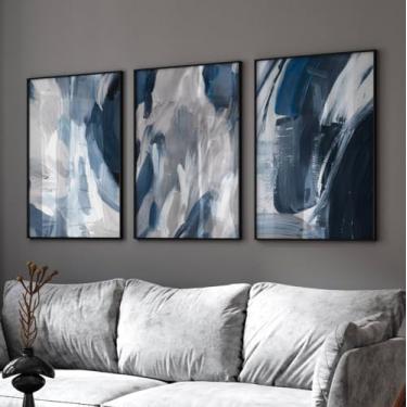 Imagem de Pintura em tela 3 peças de pôsteres azuis abstratos azul cinza impressões abstratas imagens de arte de parede para sala de estar quarto decoração de casa com moldura interna de madeira